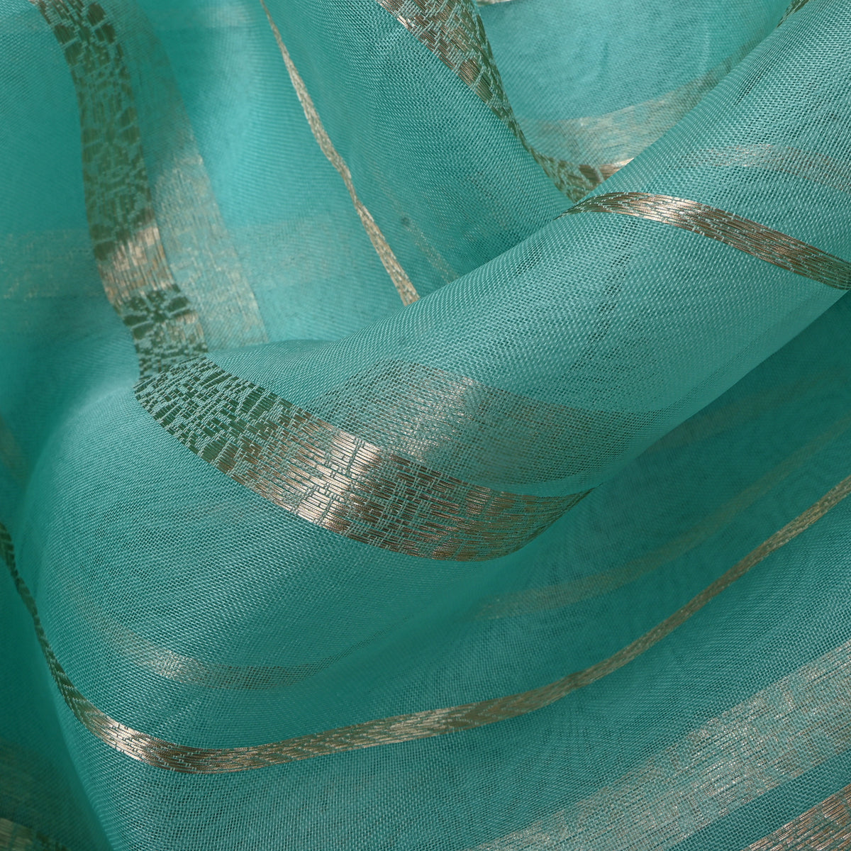 Light Blue Gold Zari Striped Jamawar Organza Fabric