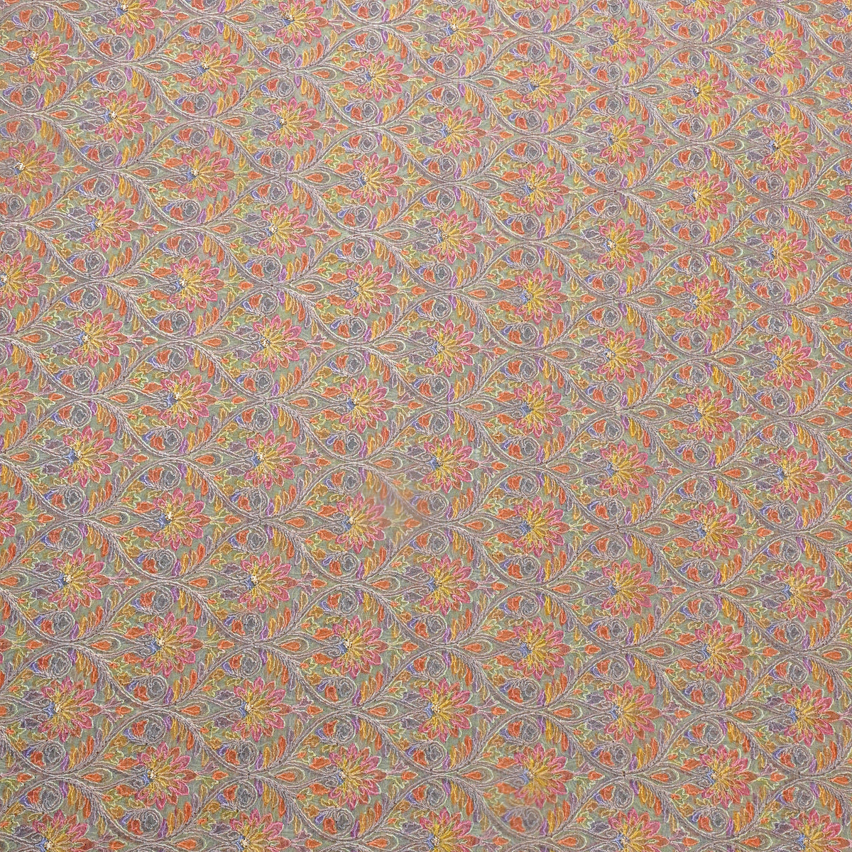 Multicolour Floral Geometric Thread Work Embroidery Organza Fabric