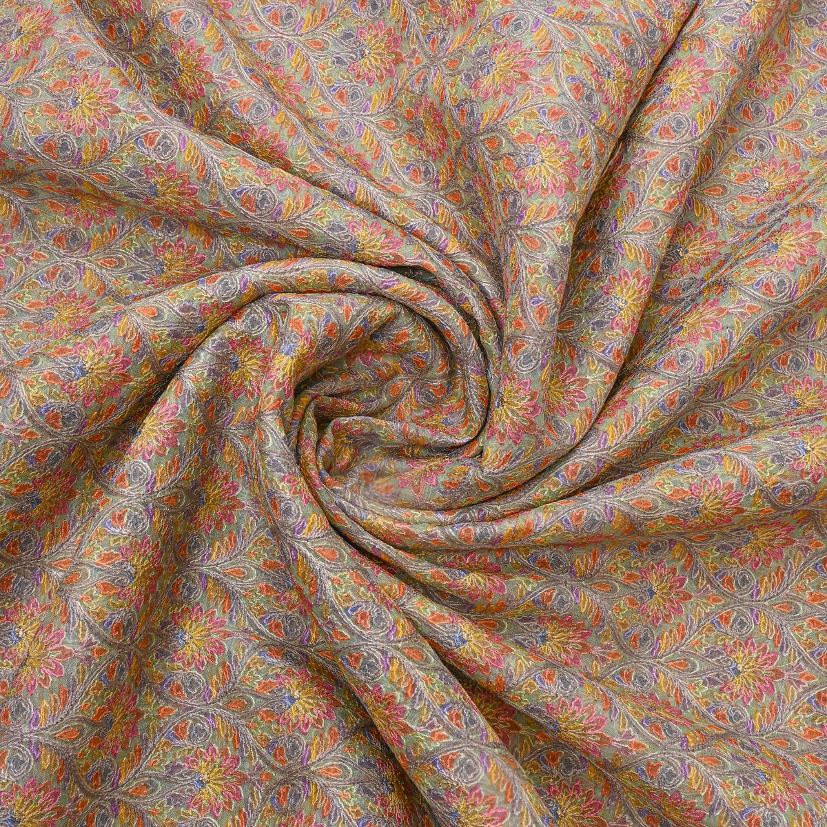 Multicolour Floral Geometric Thread Work Embroidery Organza Fabric