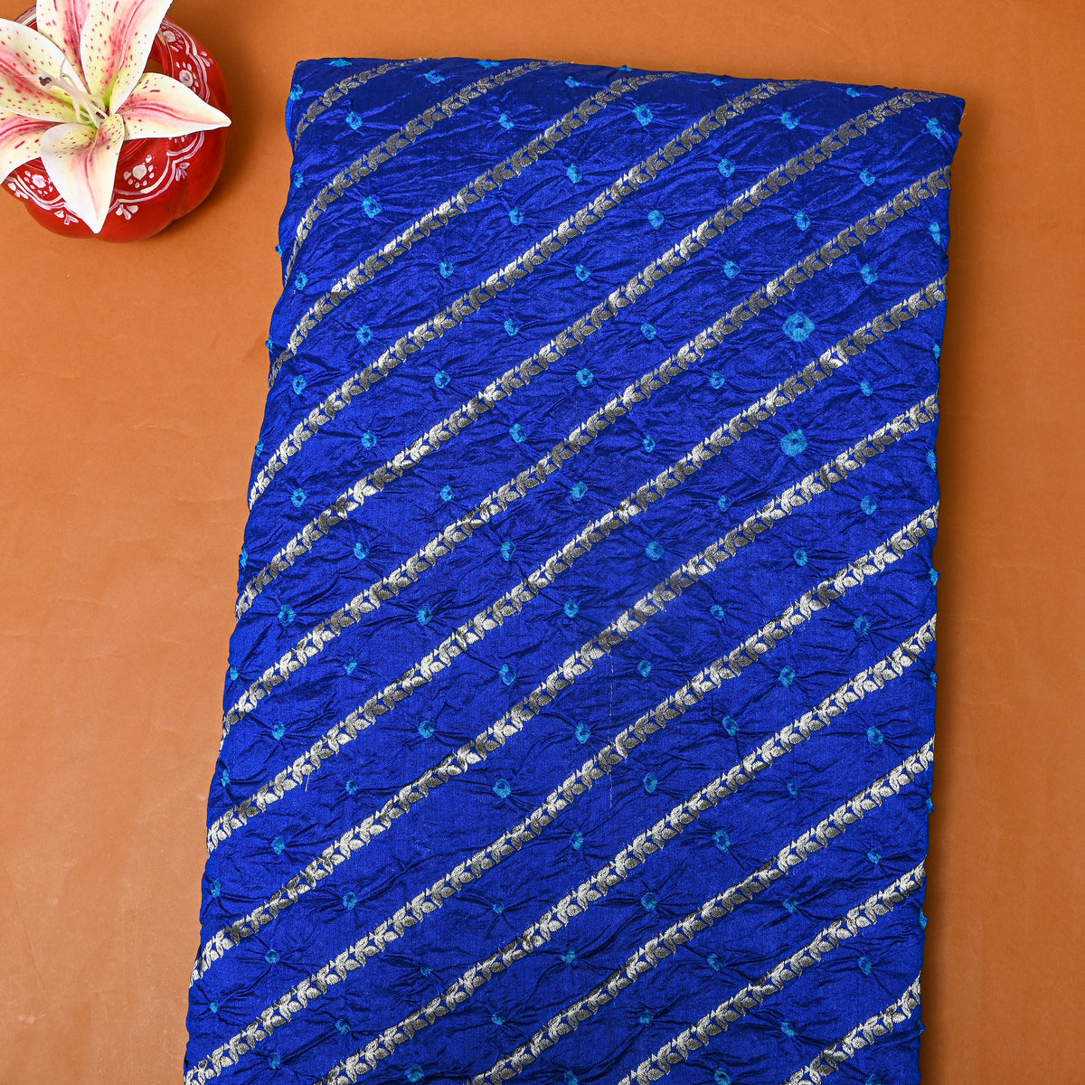 Royal Blue Silver Zari Striped Bandhani Fabric