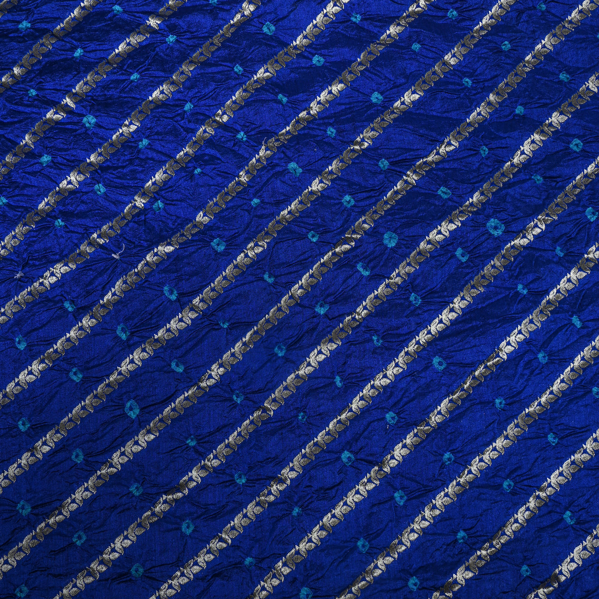 Royal Blue Silver Zari Striped Bandhani Fabric