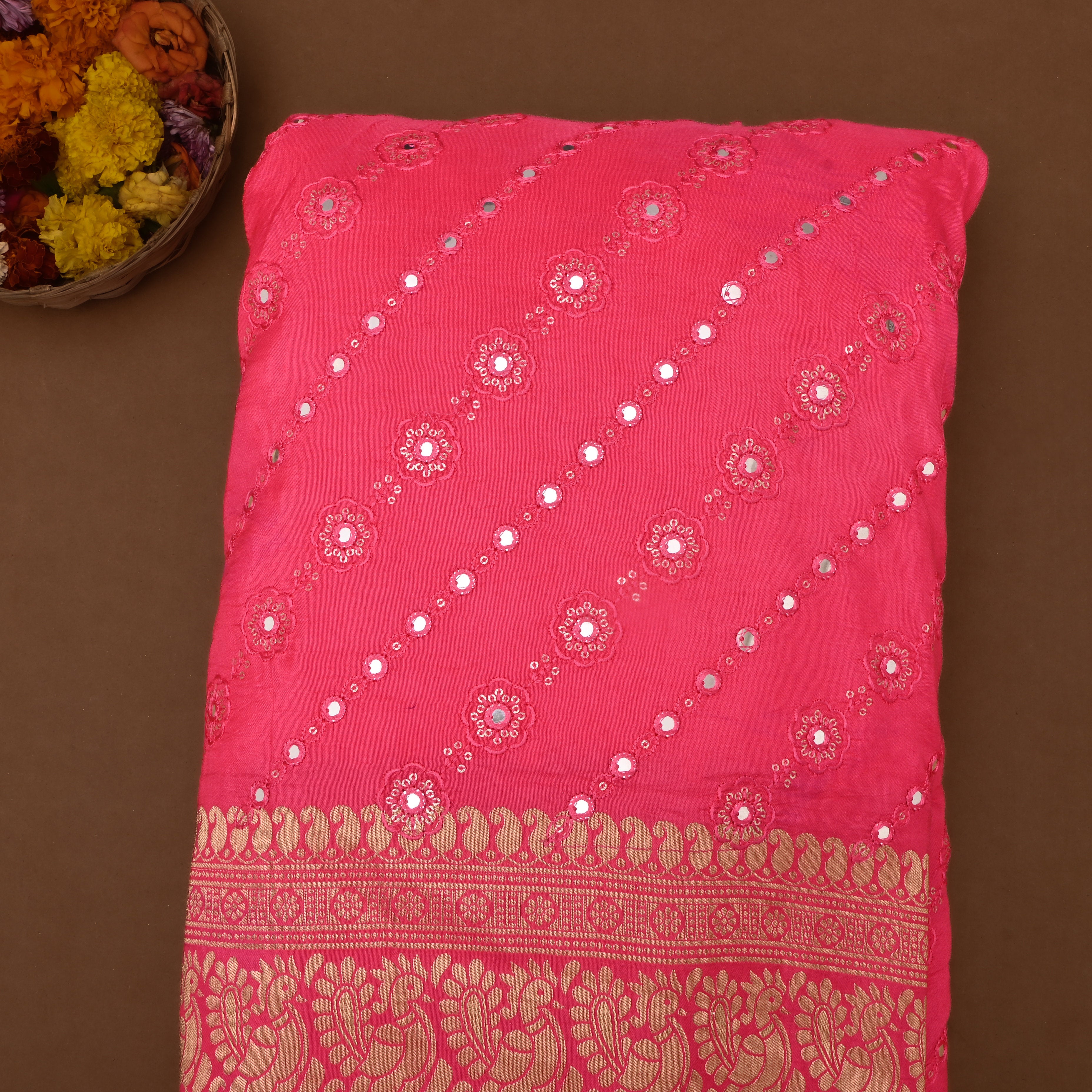 Hot Pink Silk Fabric With Mirror Work