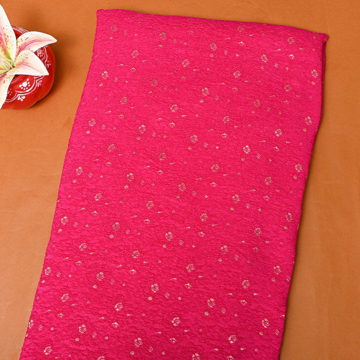 Rose Pink Gold Zari Butti Jamawar Silk Fabric