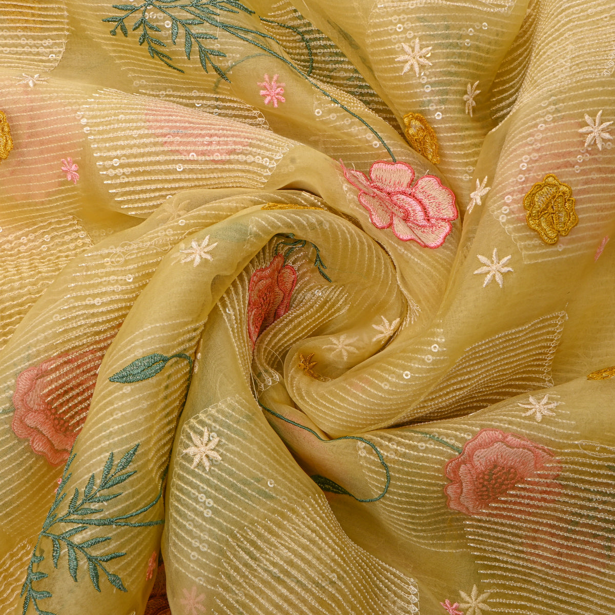 Pale Yellow Floral Thread Work Embroidery Organza Fabric