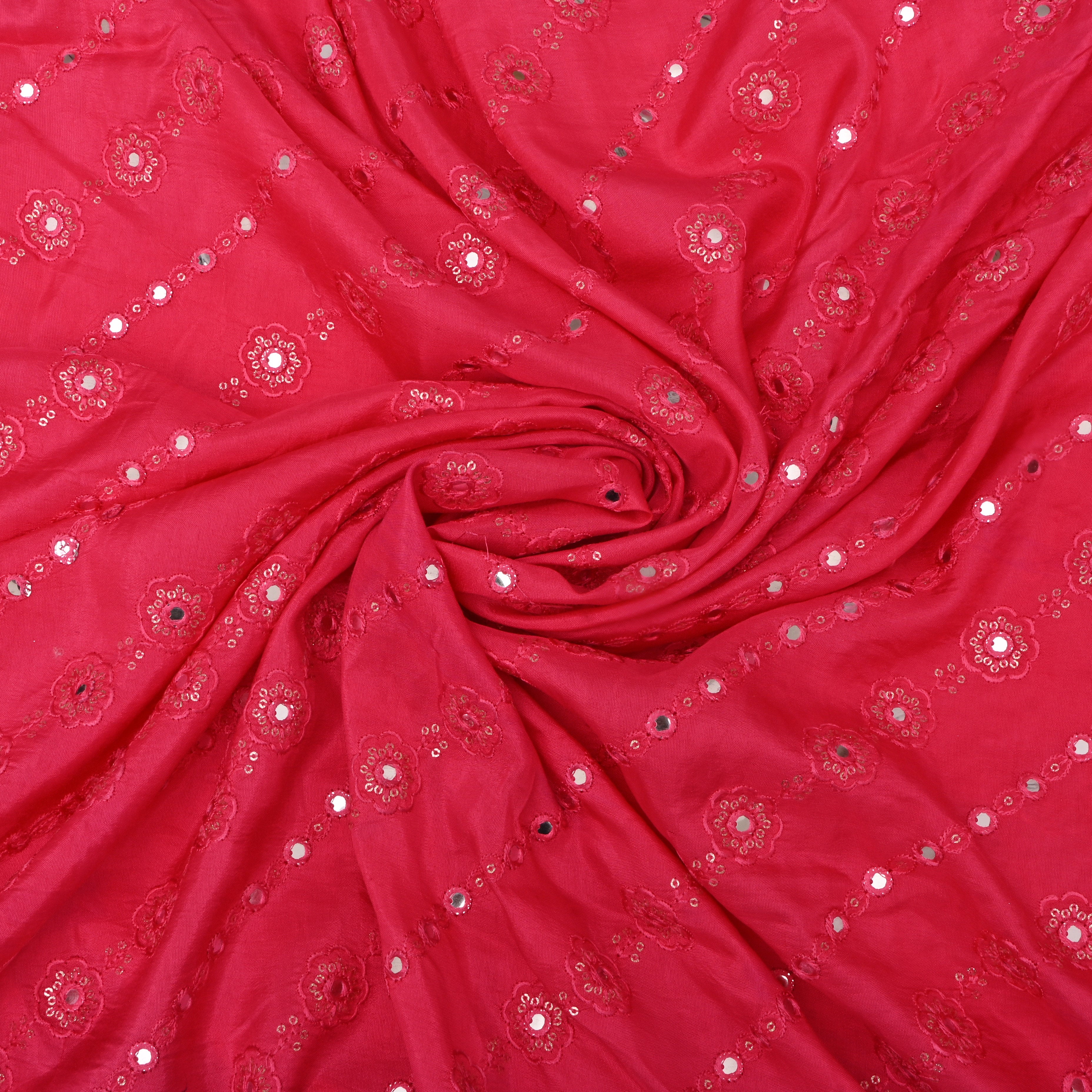 Hot Pink Silk Fabric With Mirror Work