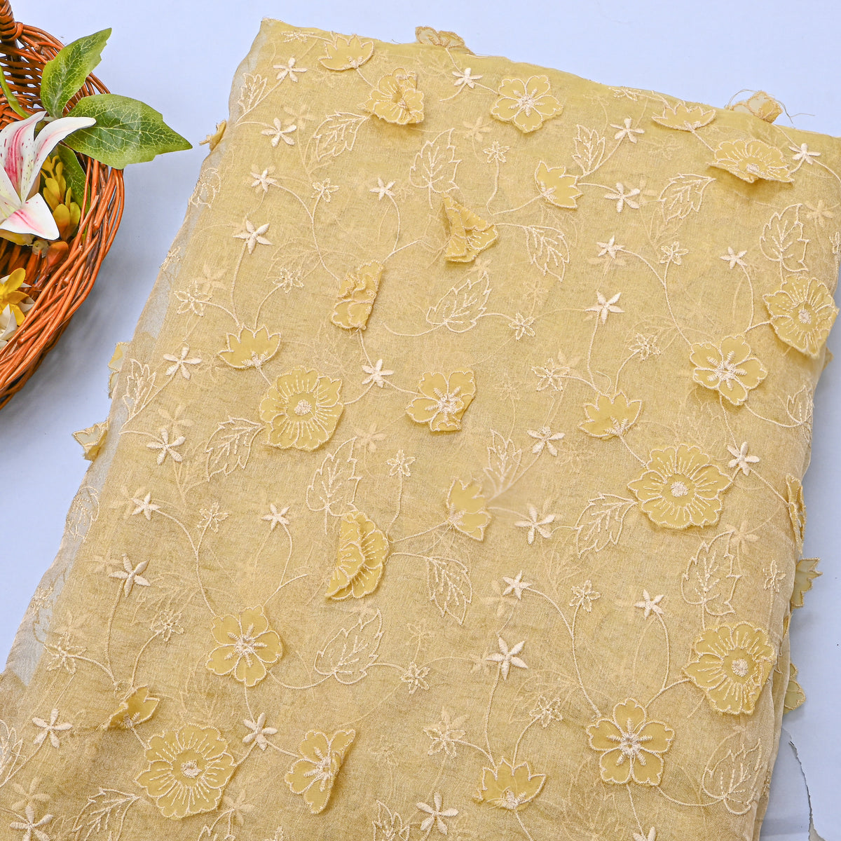 Butter Yellow Floral Applique Jaal Tissue Fabric