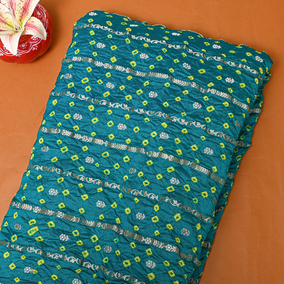 Daek Teal Green Bandhani Silk With Zari Stripes