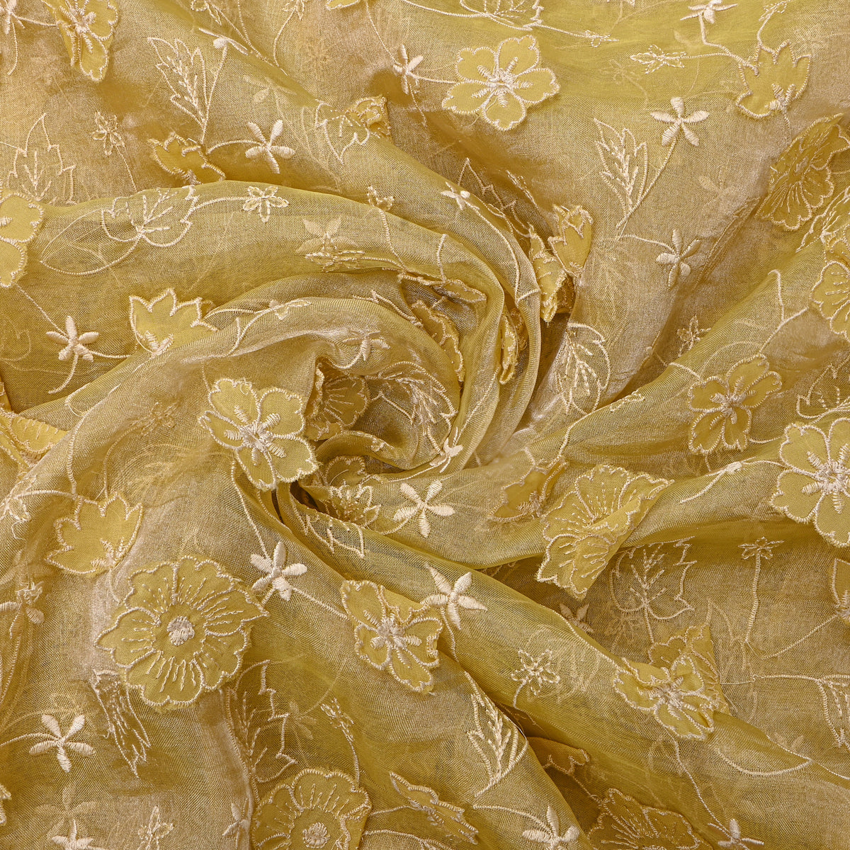 Butter Yellow Floral Applique Jaal Tissue Fabric