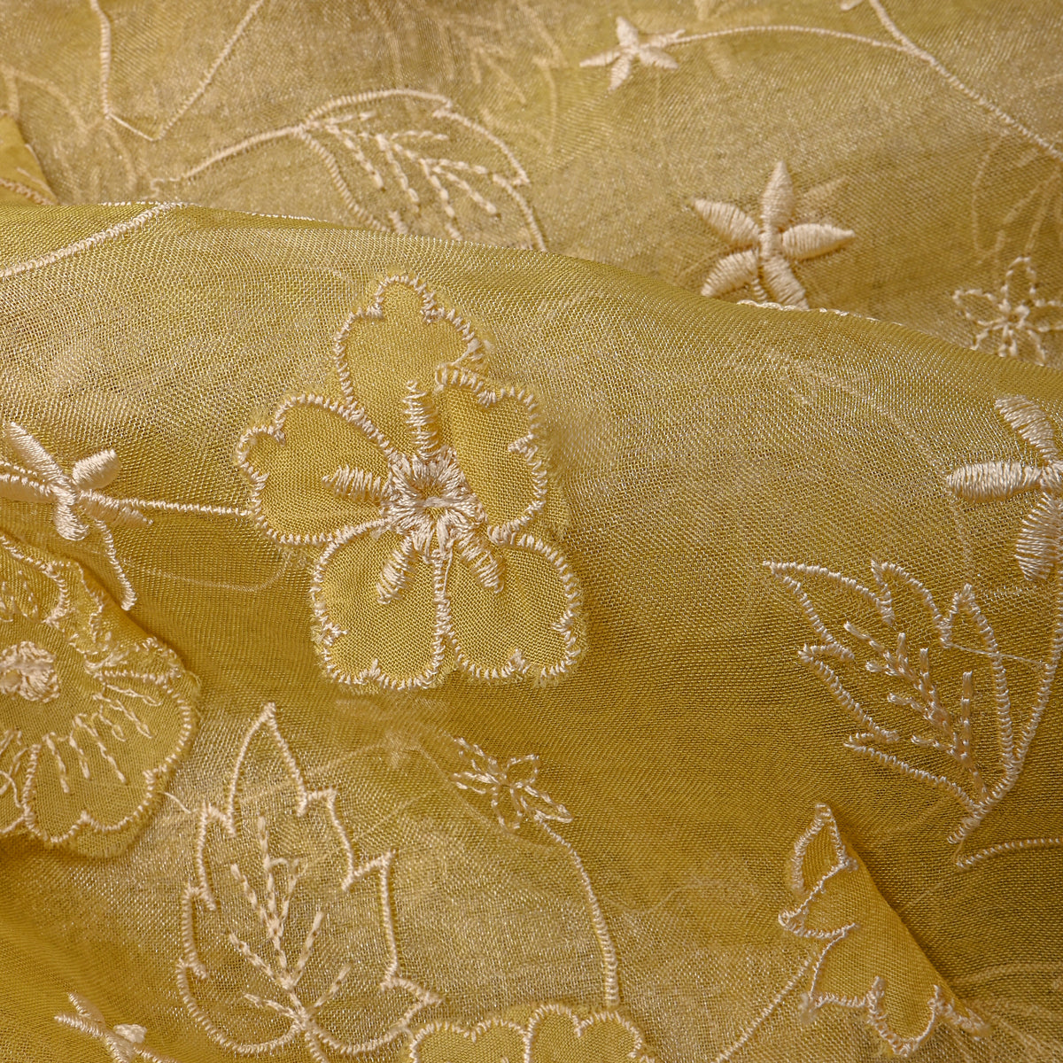 Butter Yellow Floral Applique Jaal Tissue Fabric