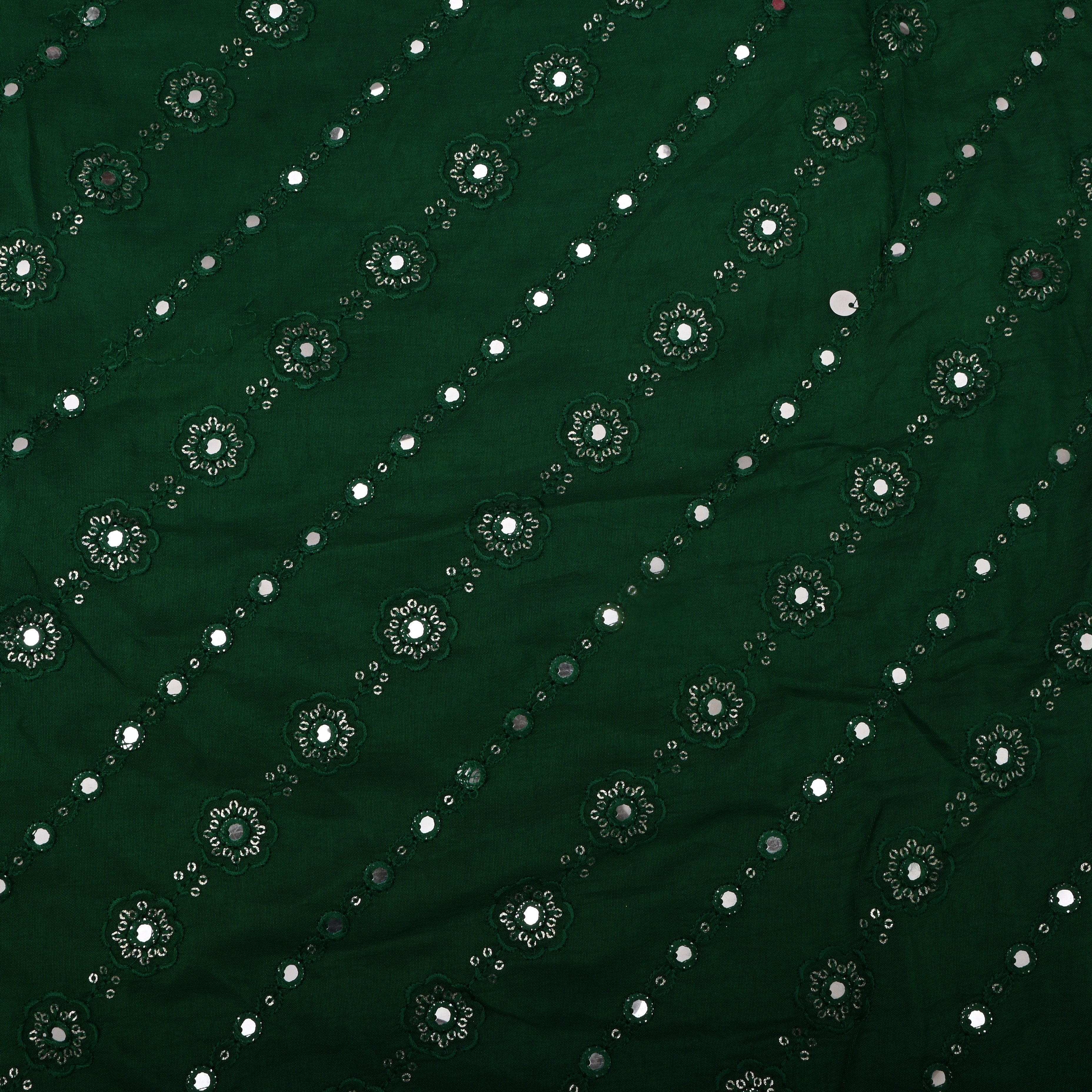 Bottle Green Silk Fabric With Mirror Work