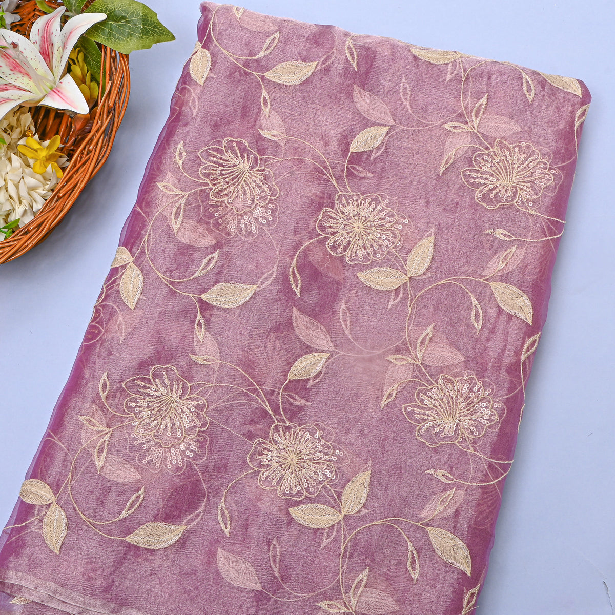 Purple Sequin Floral Jaal Embroidery Tissue Fabric