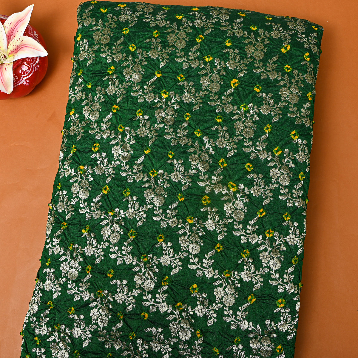 Green Gold Zari Floral Jaal Bandhani
