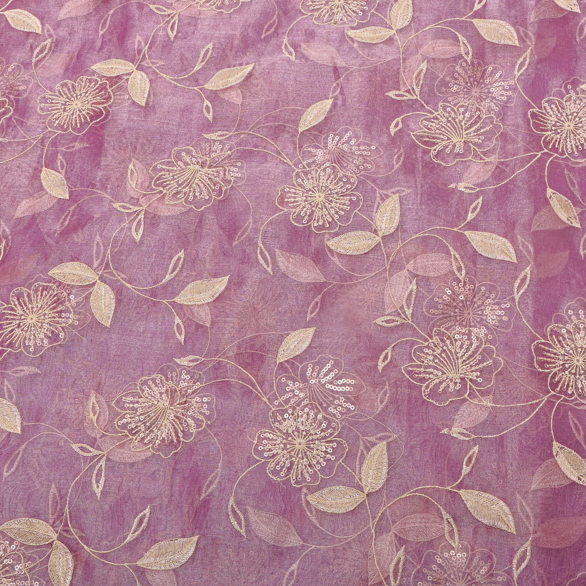 Purple Sequin Floral Jaal Embroidery Tissue Fabric