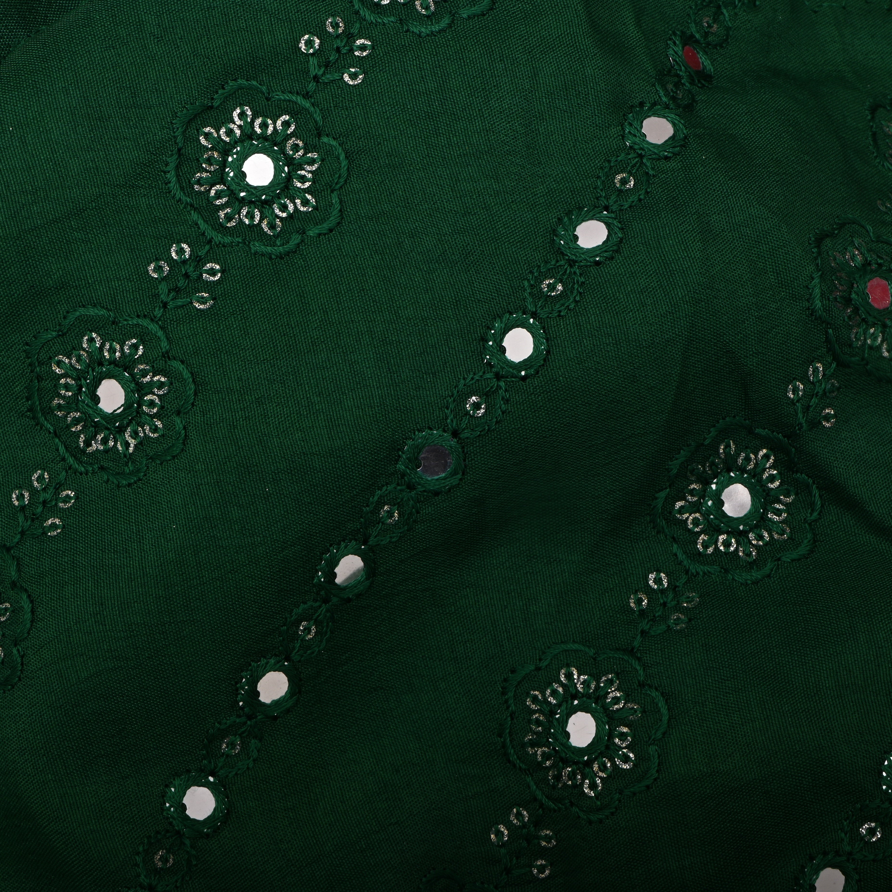 Bottle Green Silk Fabric With Mirror Work