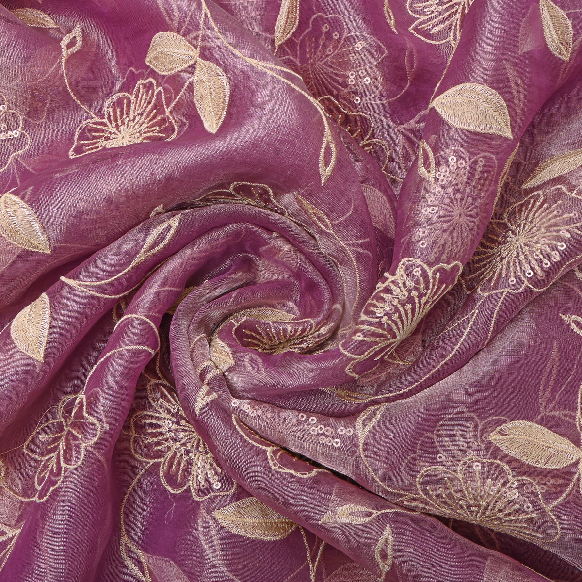 Purple Sequin Floral Jaal Embroidery Tissue Fabric