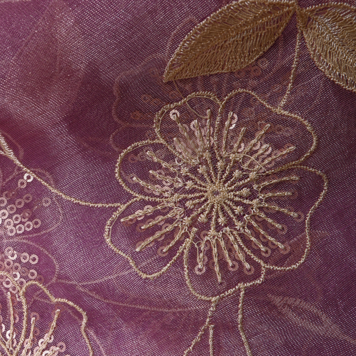 Purple Sequin Floral Jaal Embroidery Tissue Fabric