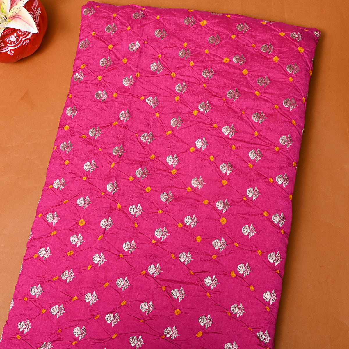 Rani Pink Silver Zari Butti Bandhani Fabric