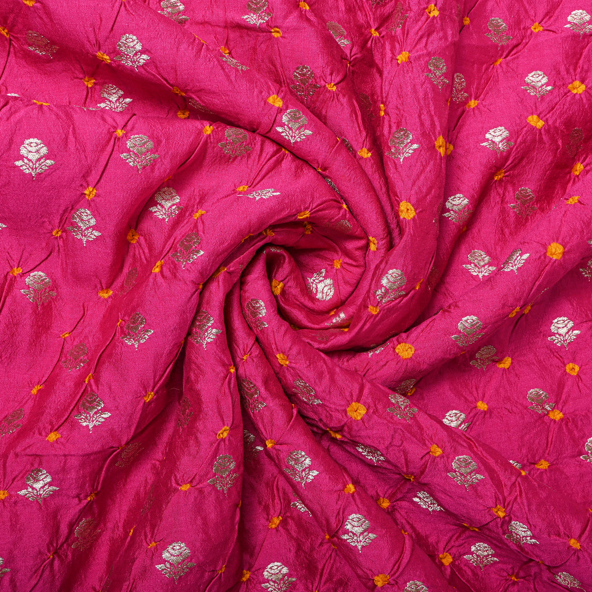 Rani Pink Silver Zari Butti Bandhani Fabric