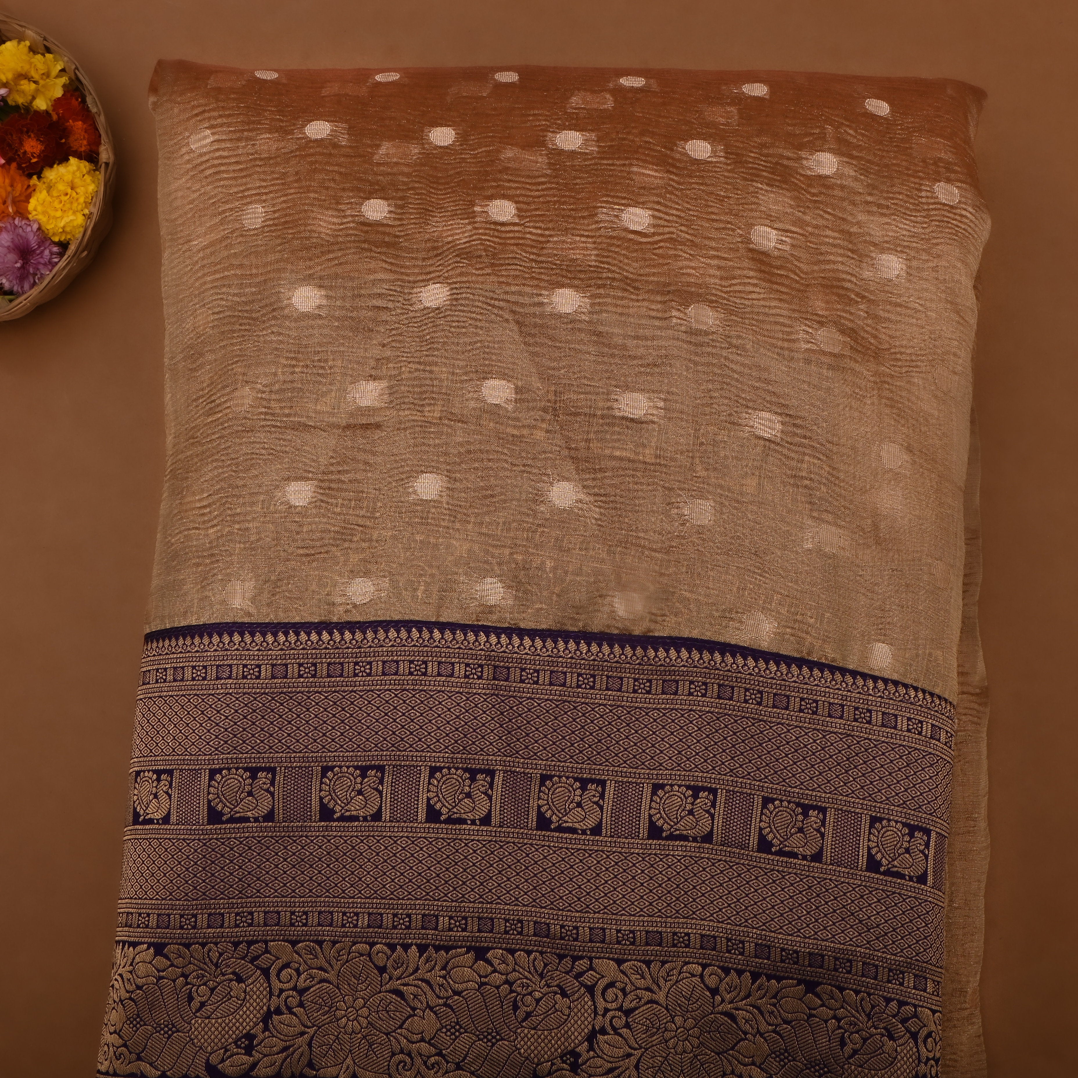 Light Taupe Brown Kanjivaram Zari Motifs Border Jamawar Tissue Fabric