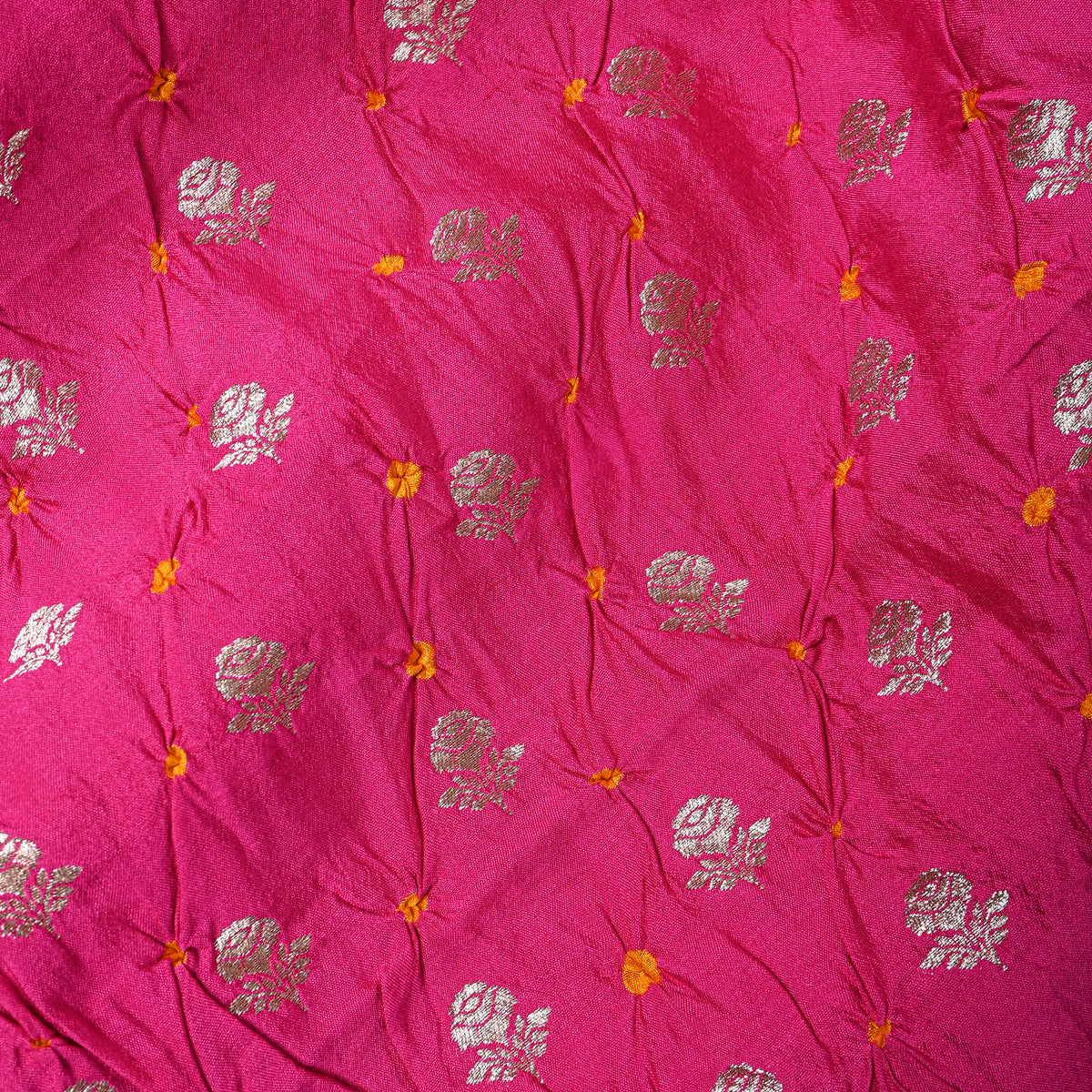Rani Pink Silver Zari Butti Bandhani Fabric