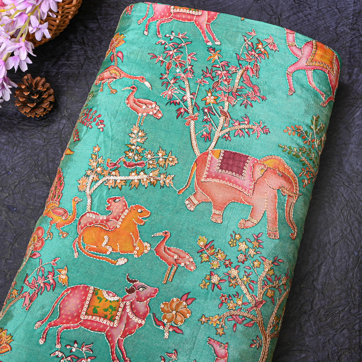 Jade Green Shikargah Sequin Embroidery Tissue Fabric