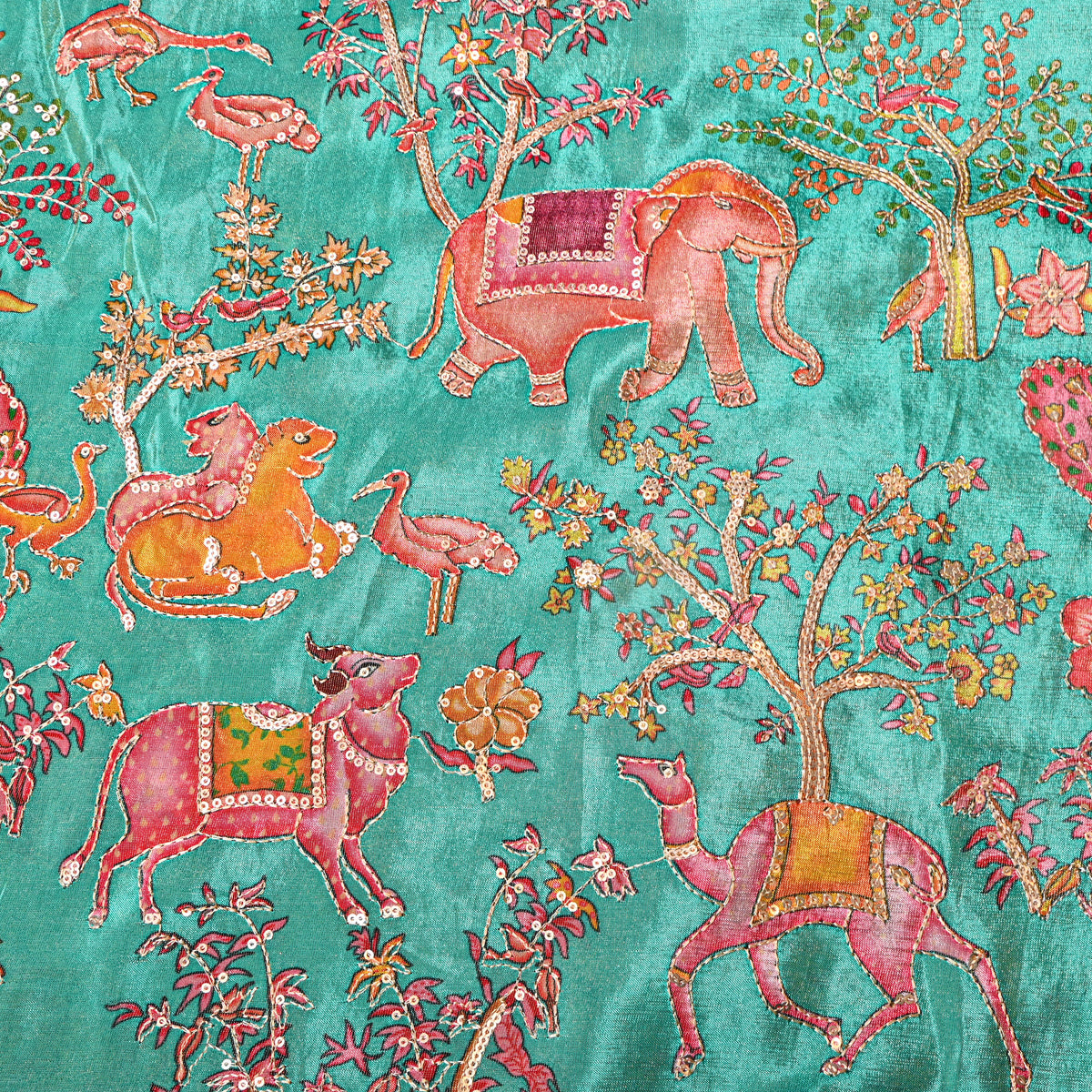 Jade Green Shikargah Sequin Embroidery Tissue Fabric