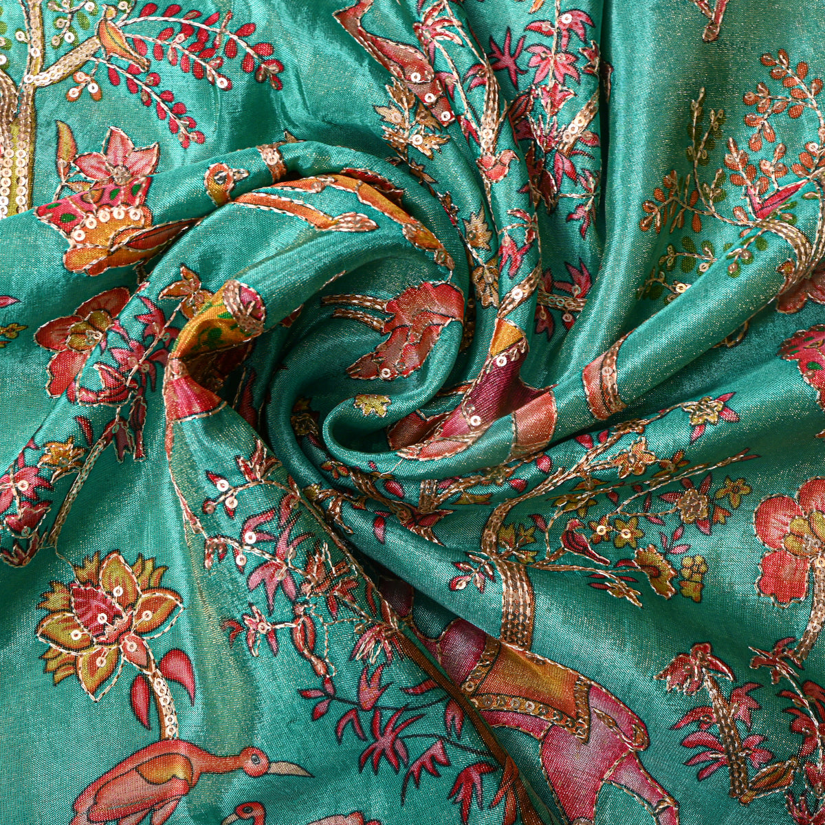 Jade Green Shikargah Sequin Embroidery Tissue Fabric