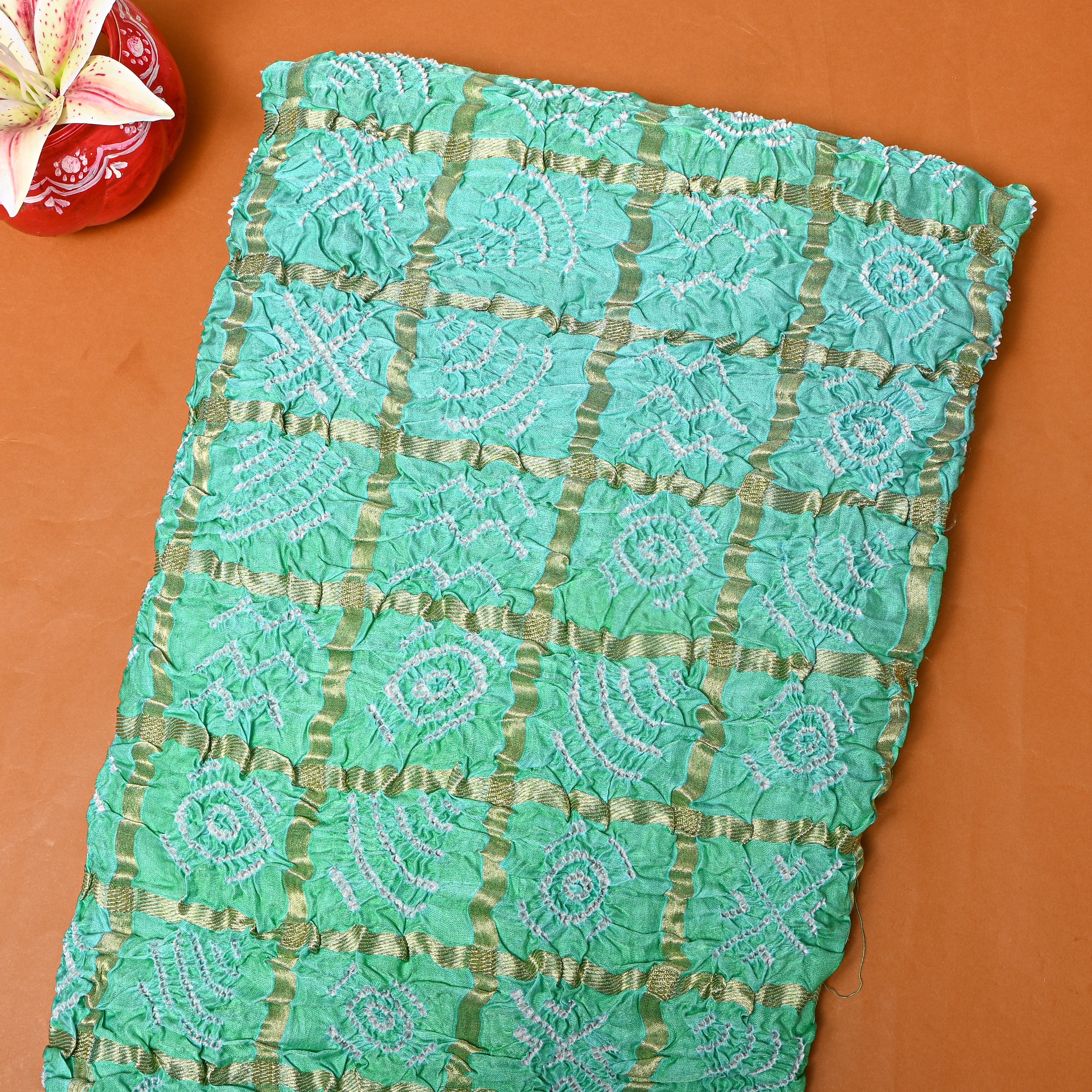 Light Mint Green Bandhani Silk Fabric