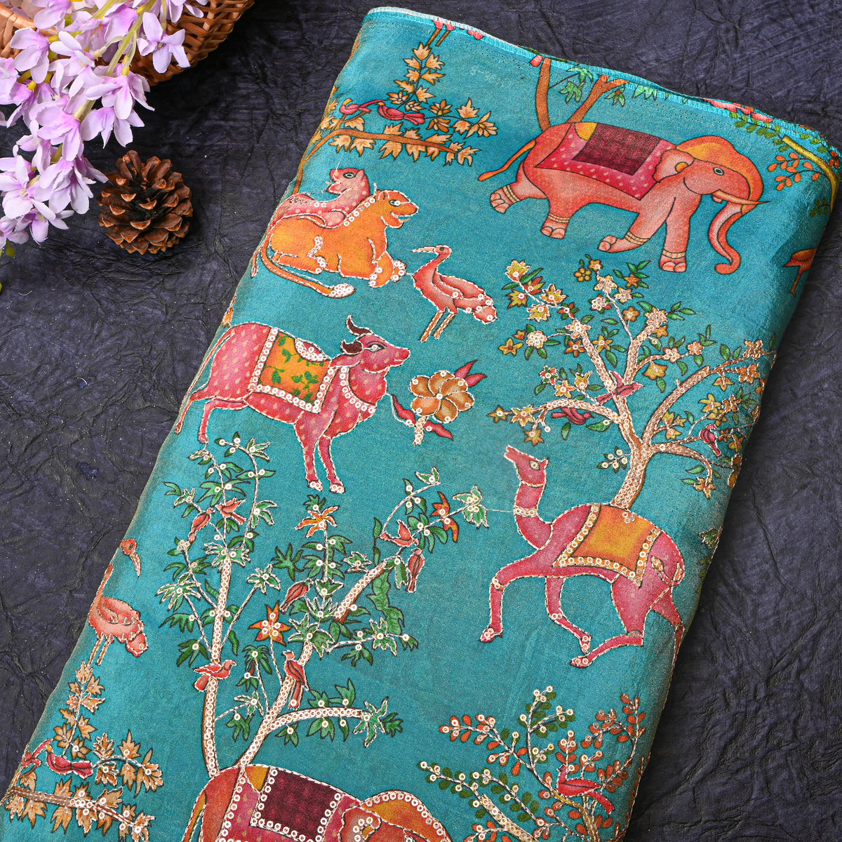 Peacock Blue Shikargah Sequin Embroidery Tissue Fabric