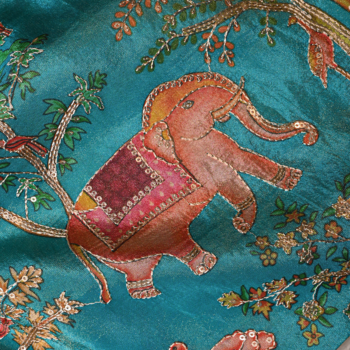 Peacock Blue Shikargah Sequin Embroidery Tissue Fabric