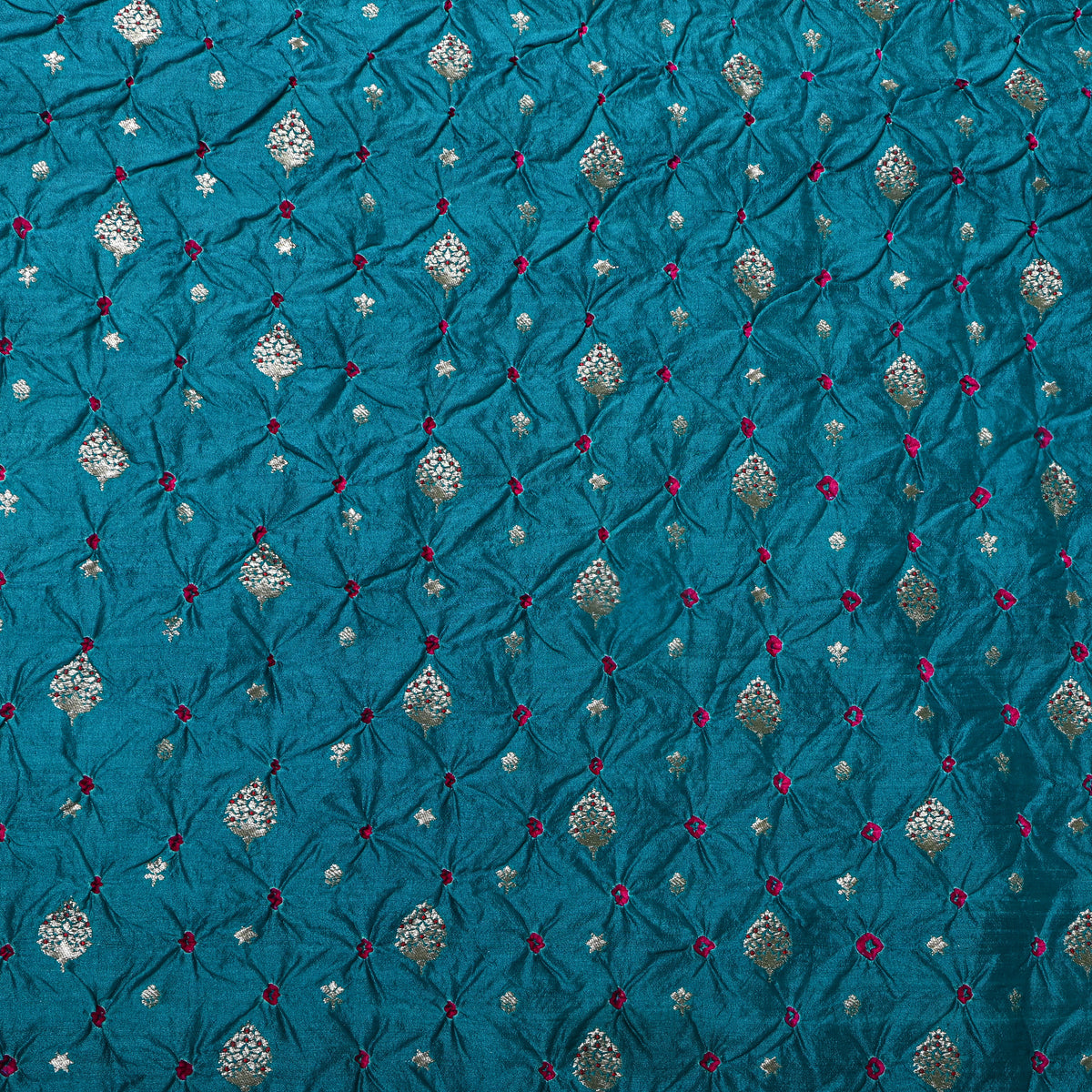 Peacock Blue Silver Zari Butti Bandhani Fabric