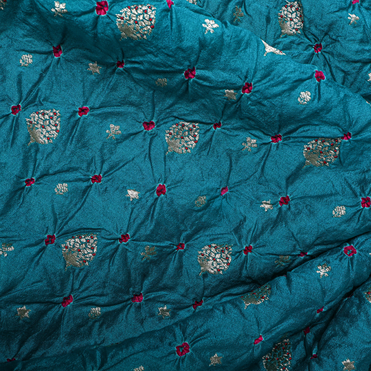 Peacock Blue Silver Zari Butti Bandhani Fabric