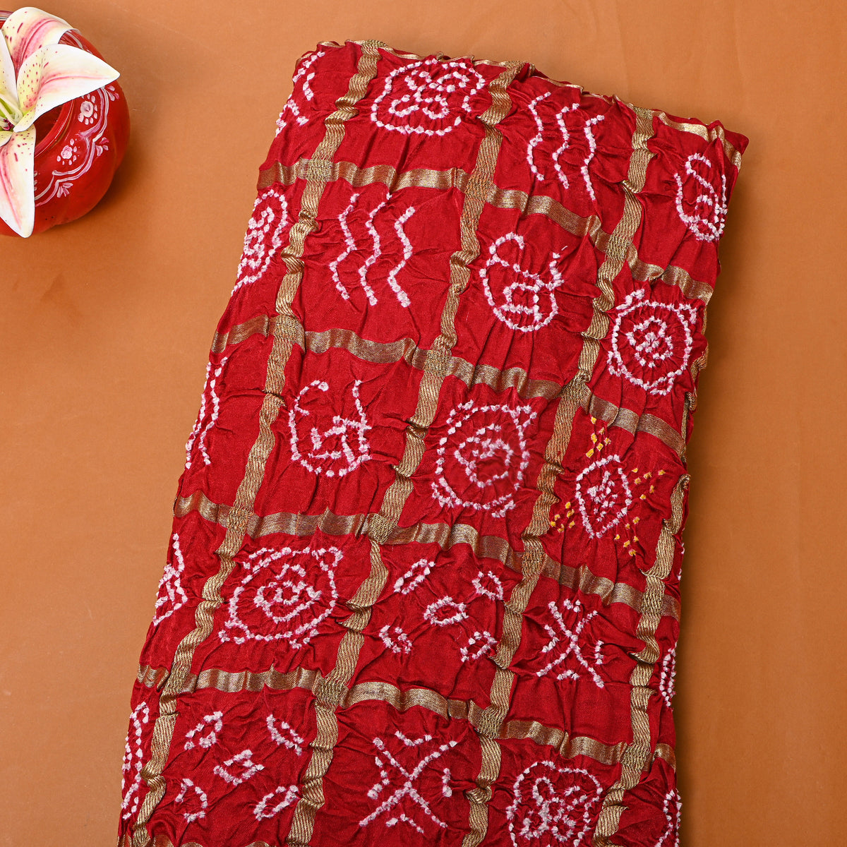 Bright Coral Orange Bandhani Silk Fabric
