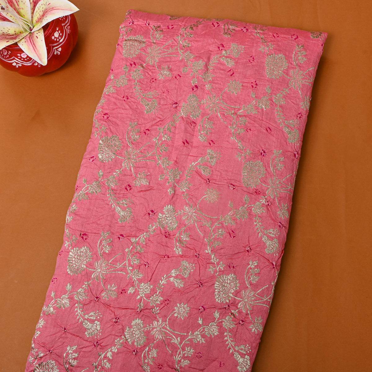 Dark Pink Silver Zari Floral Jaal Bandhani Fabric