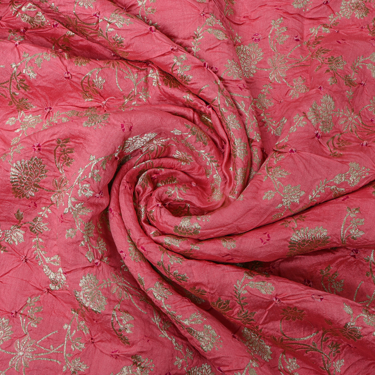Dark Pink Silver Zari Floral Jaal Bandhani Fabric