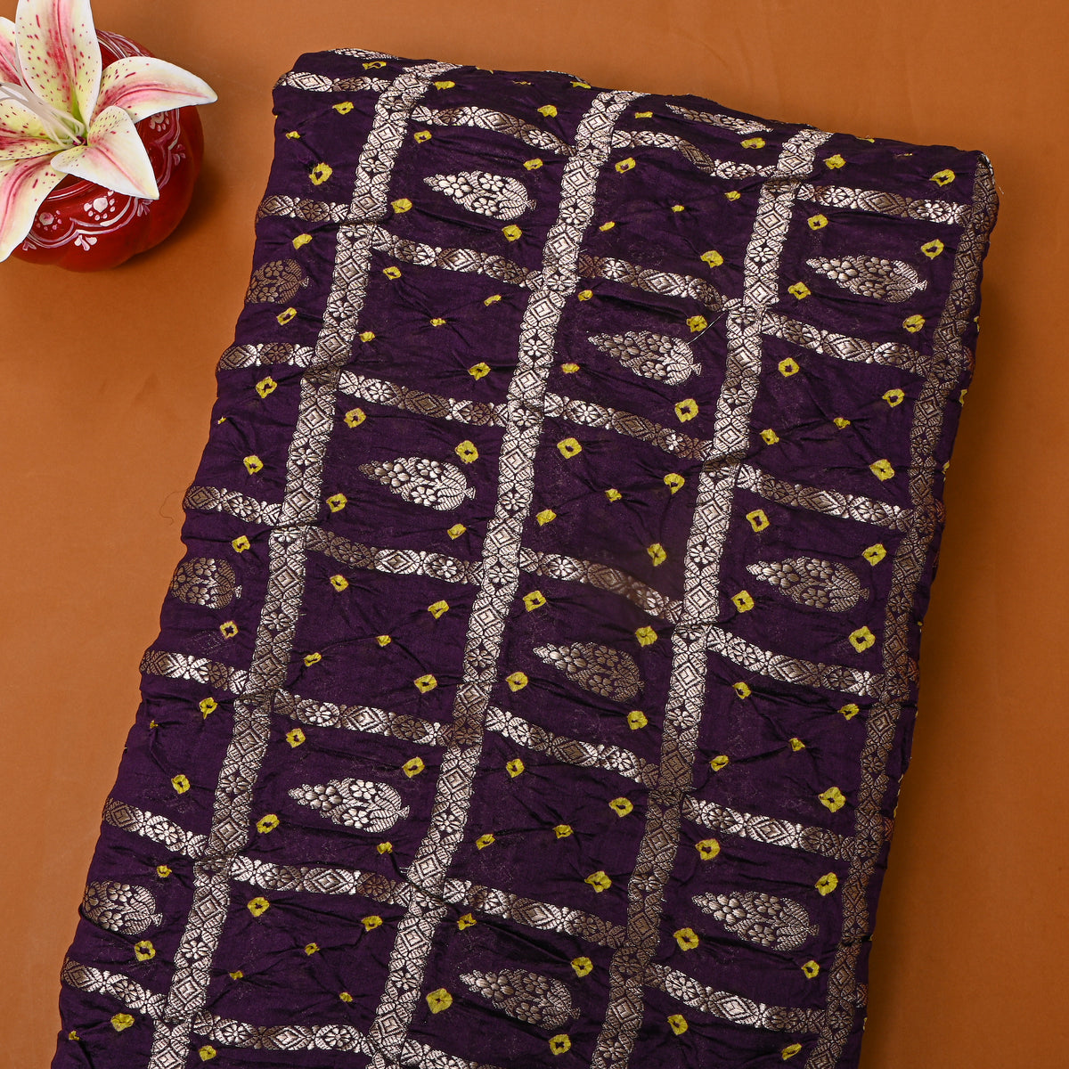 Royal Purple Silver Zari Bandhani Fabric