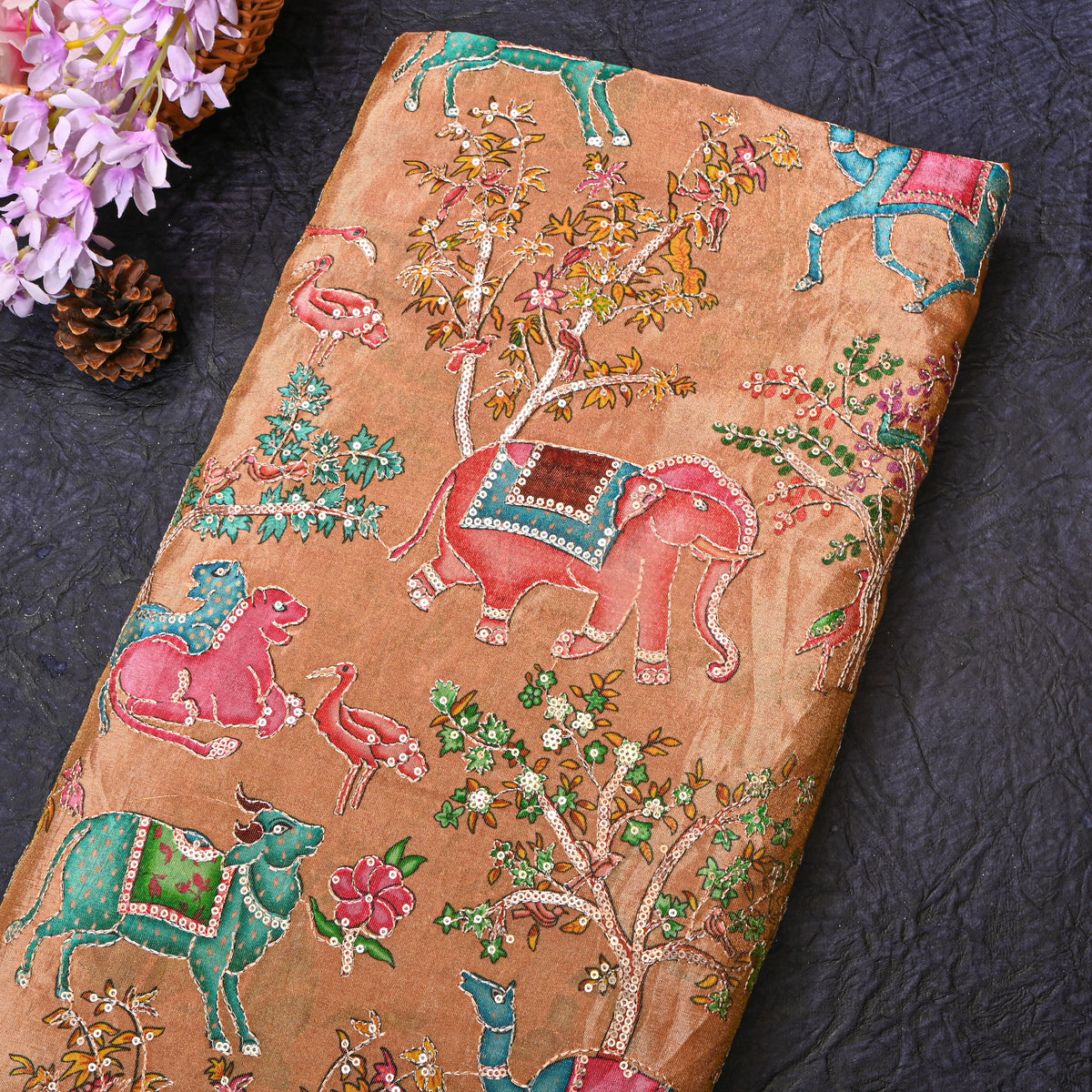 Honey Gold Shikargah Sequin Embroidery Tissue Fabric