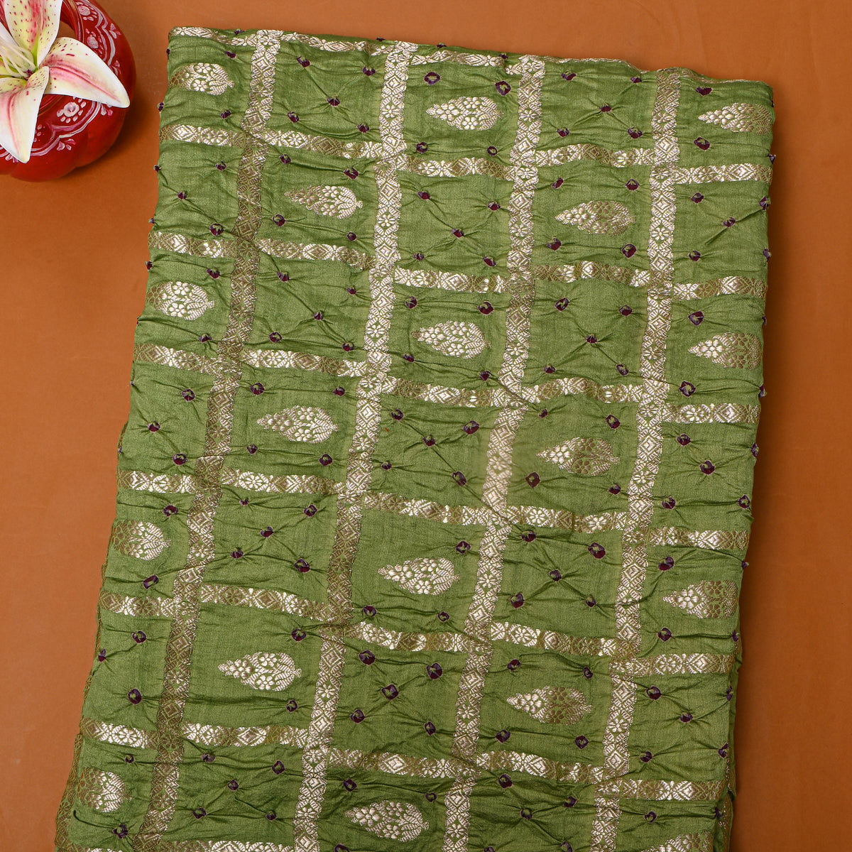 Olive Green Gold Zari Bandhani Fabric