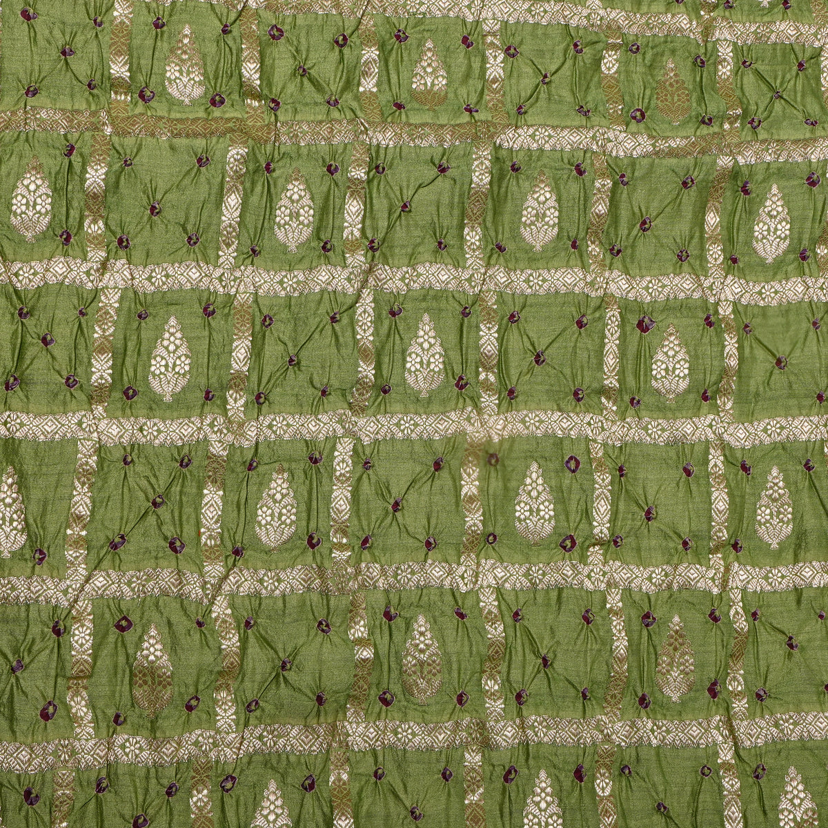 Olive Green Gold Zari Bandhani Fabric