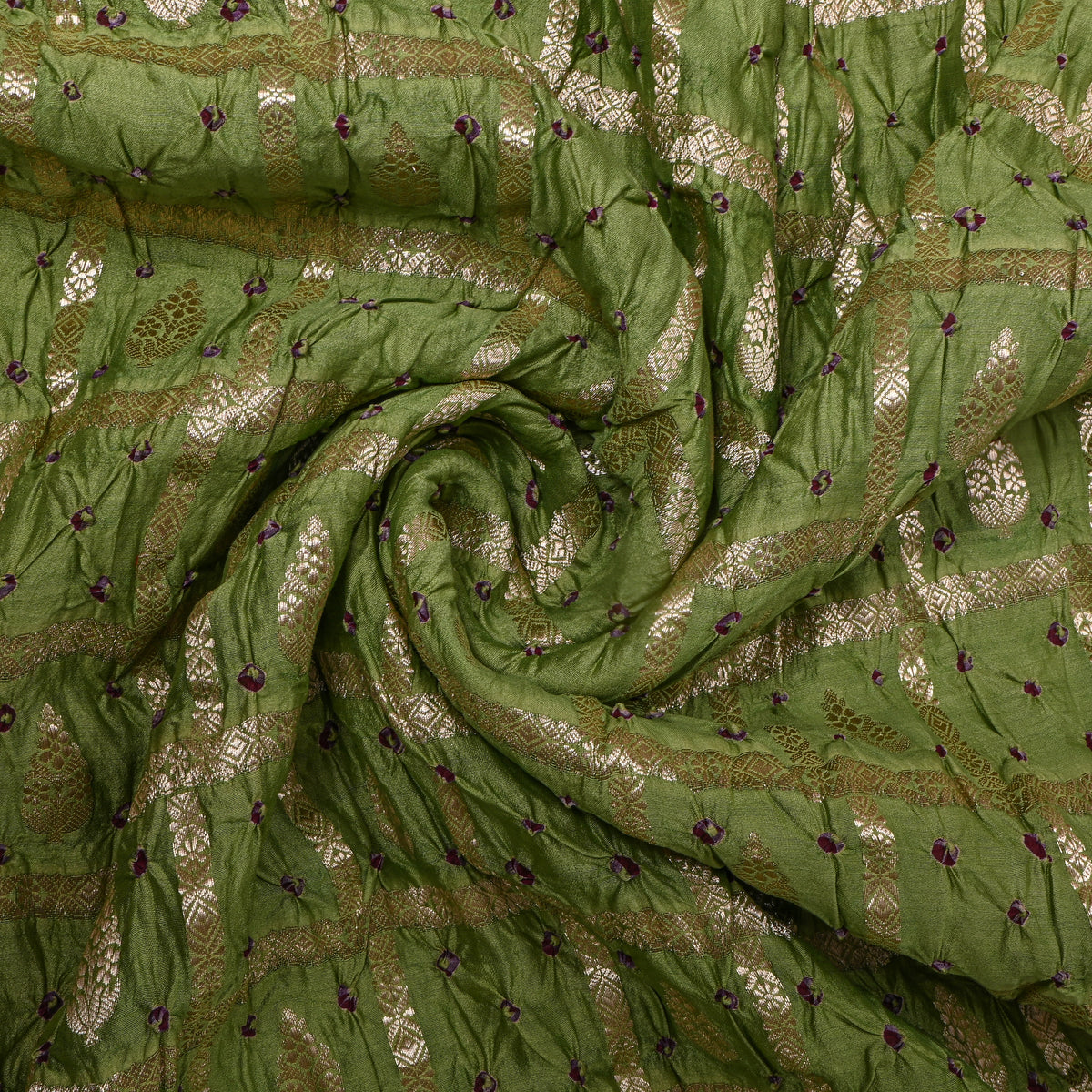 Olive Green Gold Zari Bandhani Fabric