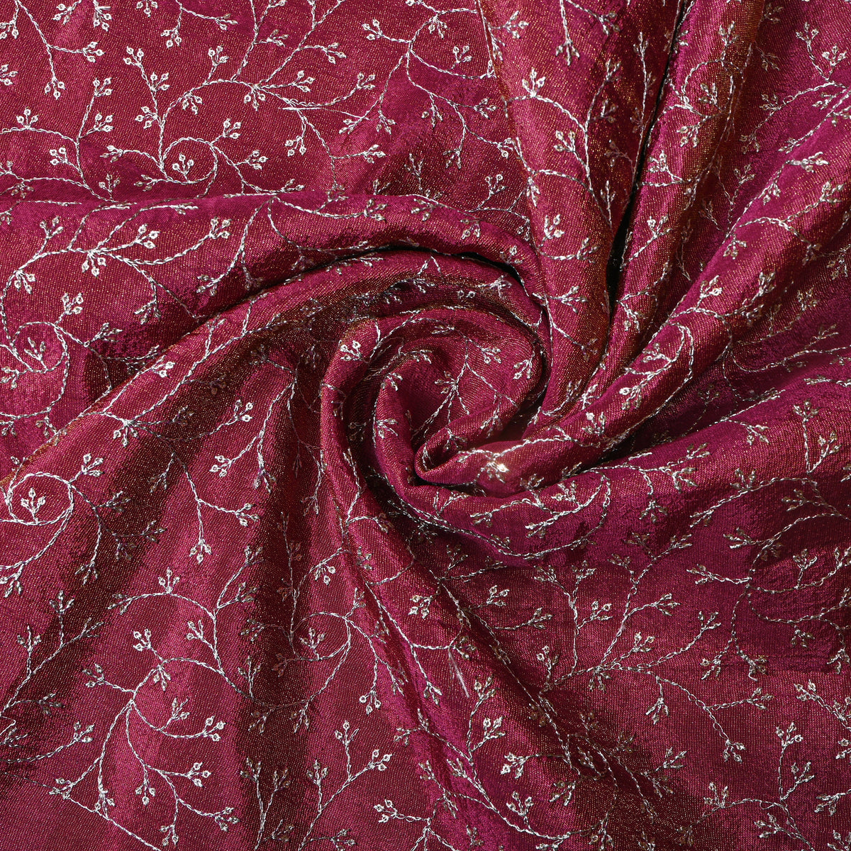 Raspberry Magenta Silver Zari Jaal Embroidery Tissue Fabric