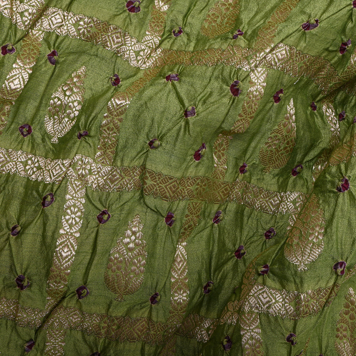 Olive Green Gold Zari Bandhani Fabric