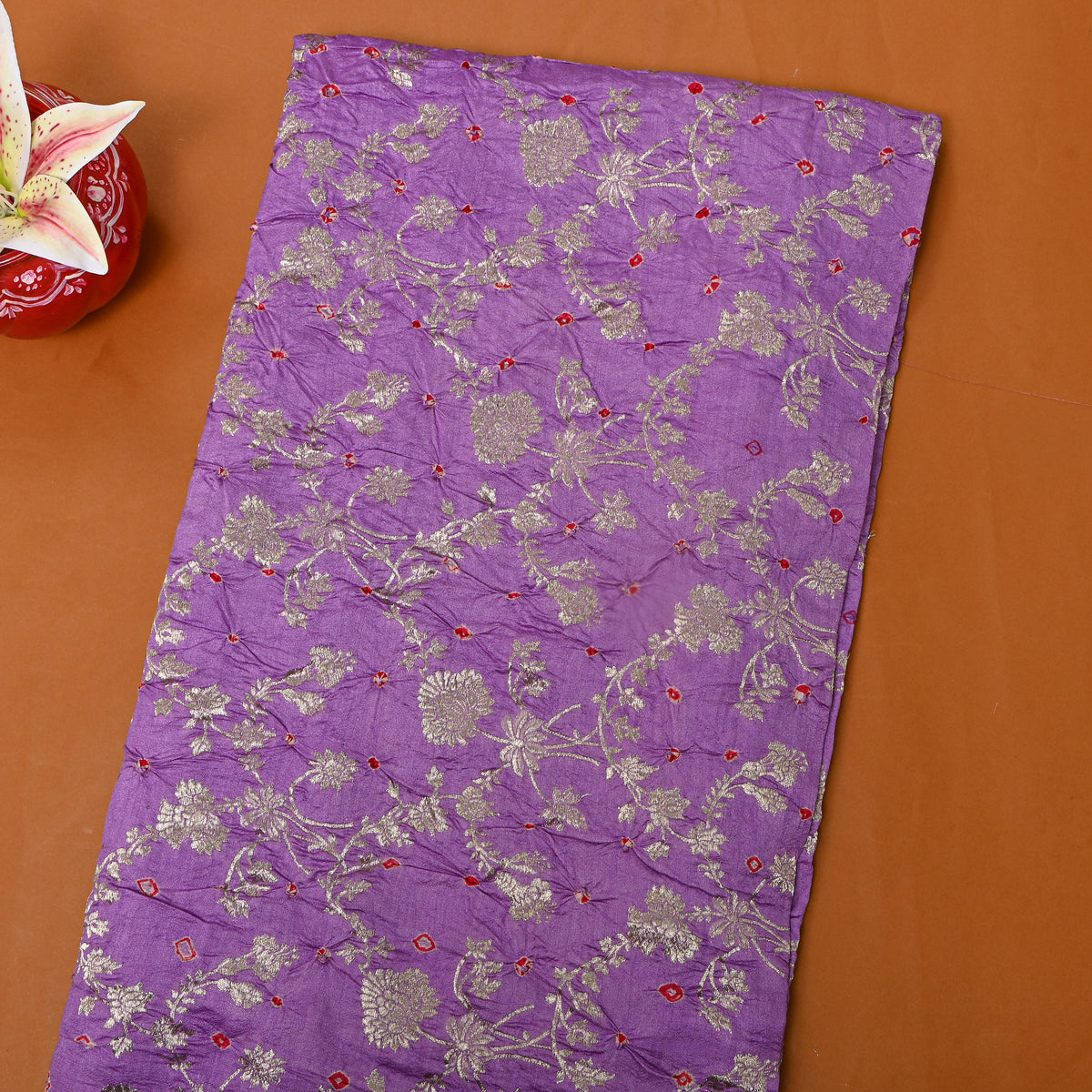 Jewel Purple Bandhani With Gold Floral Thread Work