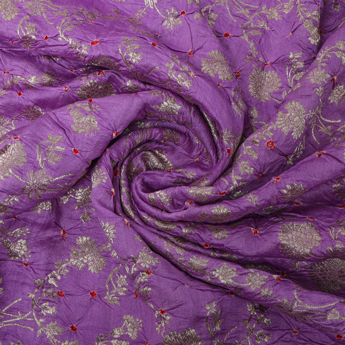Jewel Purple Bandhani With Gold Floral Thread Work