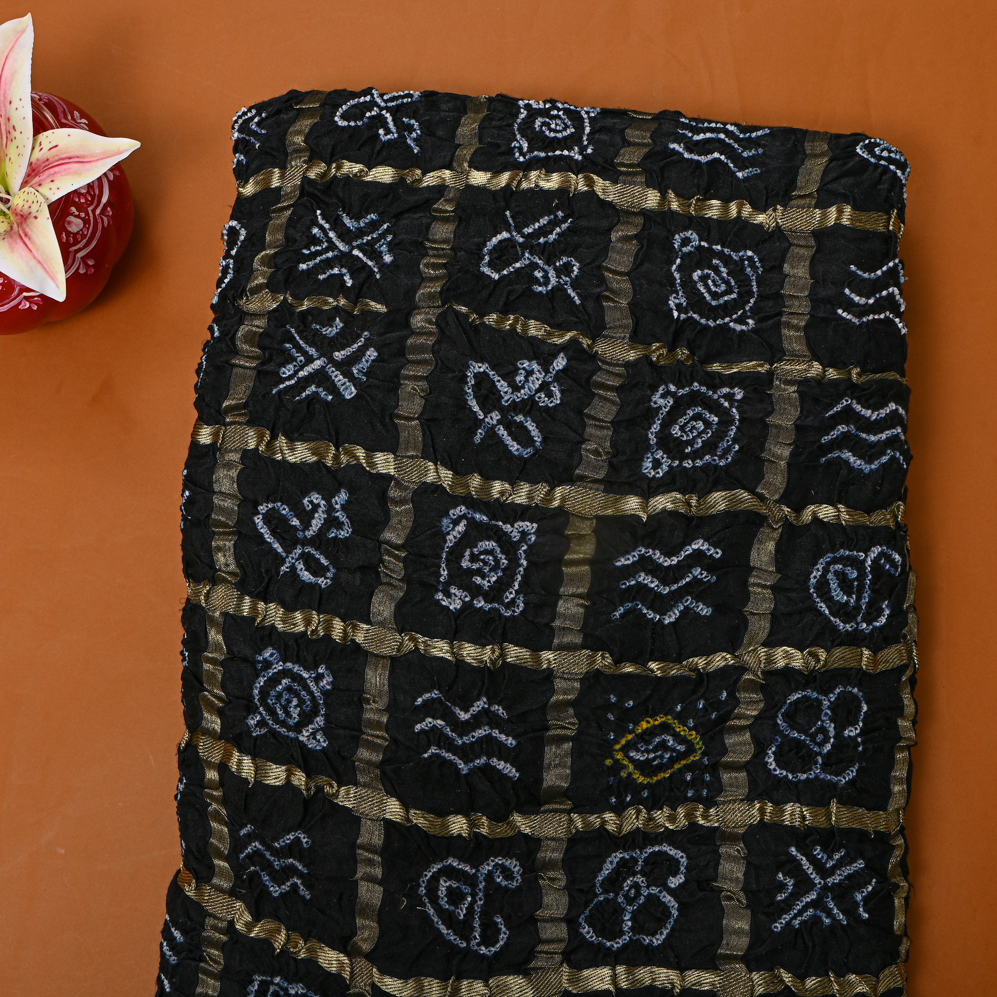 Black Gold Geometric Bandhani Silk Fabric
