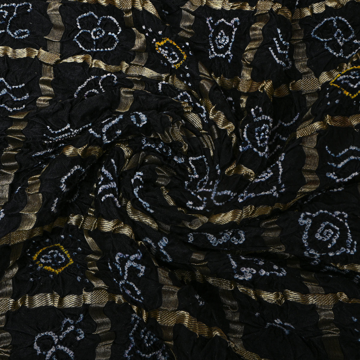 Black Gold Geometric Bandhani Silk Fabric