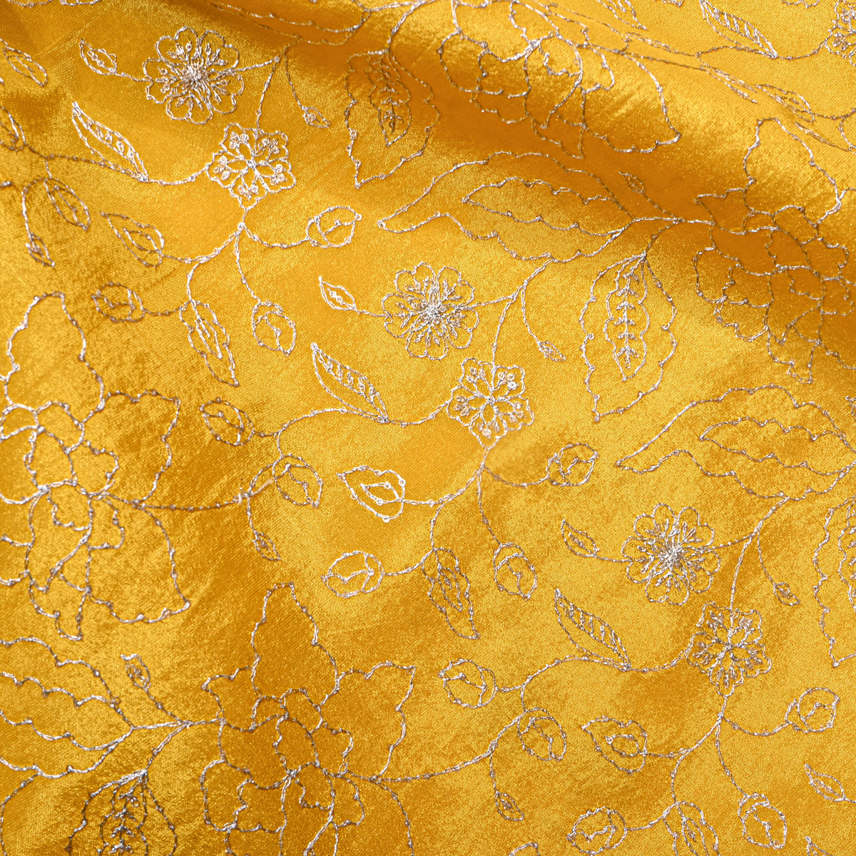 Amber Yellow Silver Zari Floral Jaal Embroidery Tissue Fabric