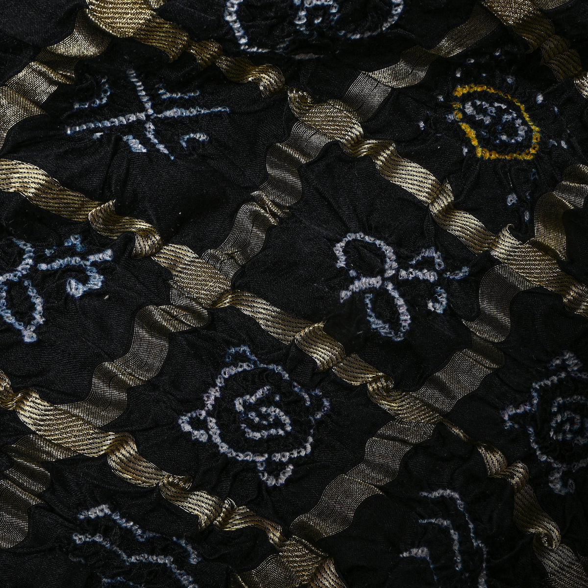 Black Gold Geometric Bandhani Silk Fabric
