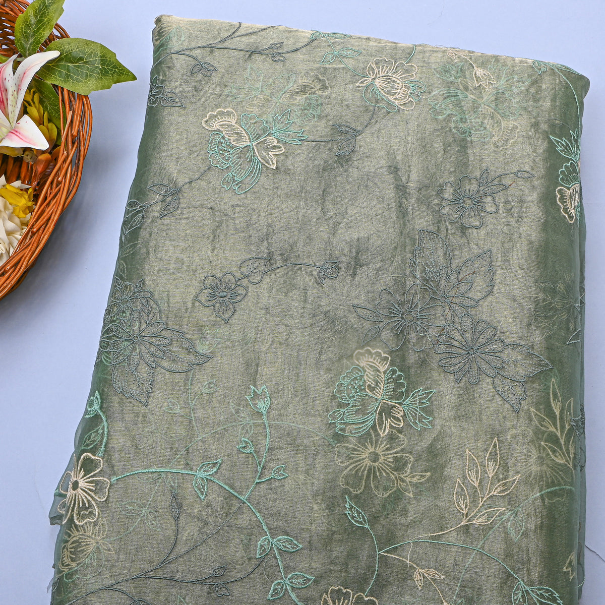 Grey Floral Jaal Embroidery Tissue Fabric