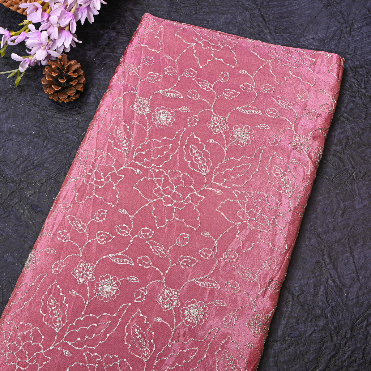 Strawberry Pink Silver Zari Floral Jaal Embroidery Tissue Fabric